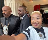 Musician Vivianne takes a photo with Steve Harvey at Tyler Perry Studios on May 22, 2024 (Instagram)