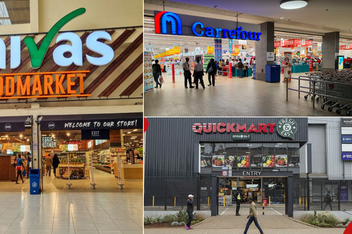 A collage of Naivas Supermarket, Quickmart Kenya and Carrefour Kenya