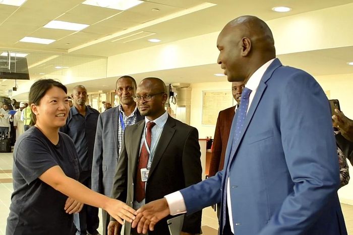 Immigration PS Julius Bitok meets Ms Kyung Sang Yoo, who was among the first visa-free travellers to Kenya