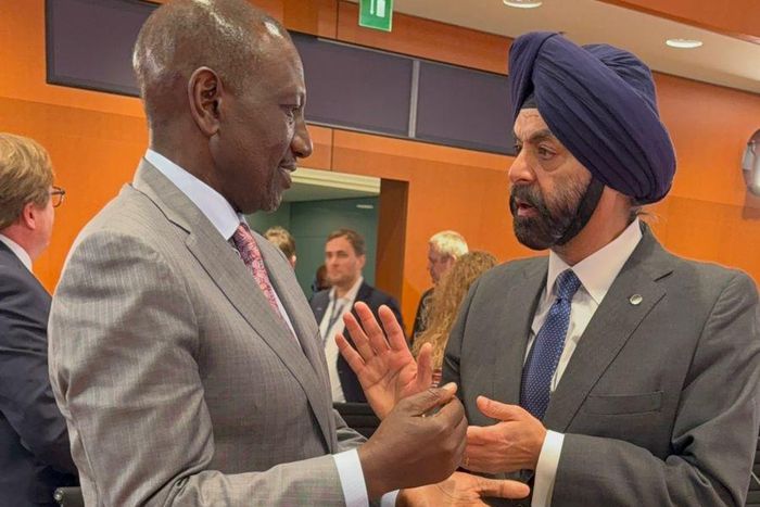 President William Ruto with Word Bank President Ajaypal Singh Banga on the sidelines of the G20 Compact with Africa Conference on Economic Cooperation, Promotion of Private Investment held in Berlin, Germany.