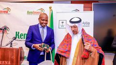 Trade and Investments Cabinet Secretary Moses Kuria with his Saudi counterpart Khalid Al Falih at the Kenya - Saudi Business Forum in Nairobi on July 12, 2023.