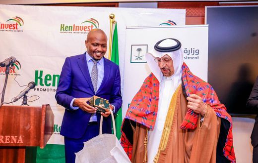 Trade and Investments Cabinet Secretary Moses Kuria with his Saudi counterpart Khalid Al Falih at the Kenya - Saudi Business Forum in Nairobi on July 12, 2023.