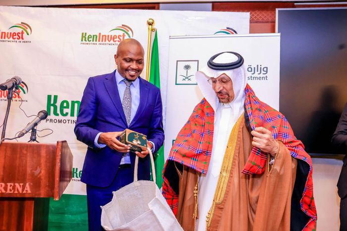 Trade and Investments Cabinet Secretary Moses Kuria with his Saudi counterpart Khalid Al Falih at the Kenya - Saudi Business Forum in Nairobi on July 12, 2023.