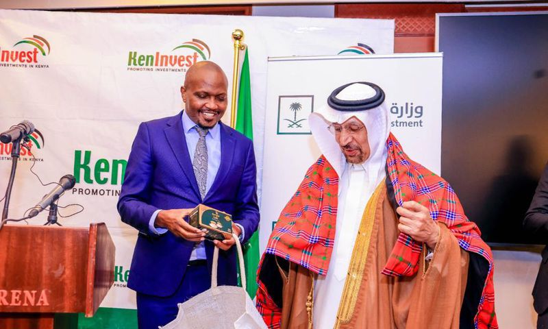 Trade and Investments Cabinet Secretary Moses Kuria with his Saudi counterpart Khalid Al Falih at the Kenya - Saudi Business Forum in Nairobi on July 12, 2023.
