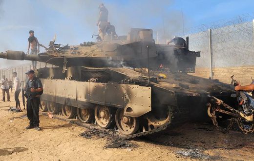 A destroyed Israeli tank in Gaza City on October 7.Hani Alshaer/Anadolu Agency via Getty Images