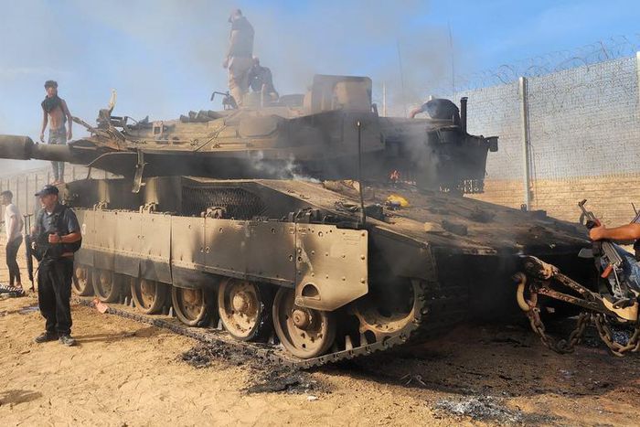 A destroyed Israeli tank in Gaza City on October 7.Hani Alshaer/Anadolu Agency via Getty Images