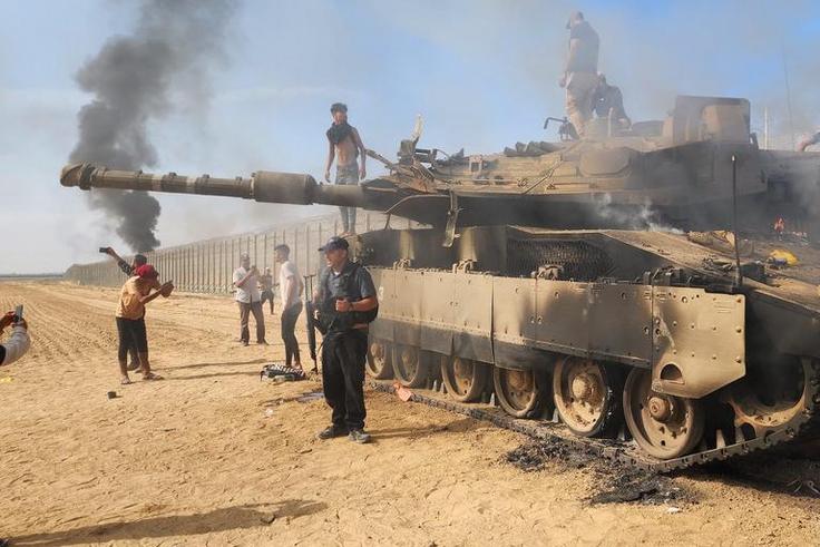 A destroyed Israeli tank in Gaza City on October 7.Hani Alshaer/Anadolu Agency via Getty Images