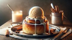 AI-generated image showcasing a cinnamon roll topped with ice cream