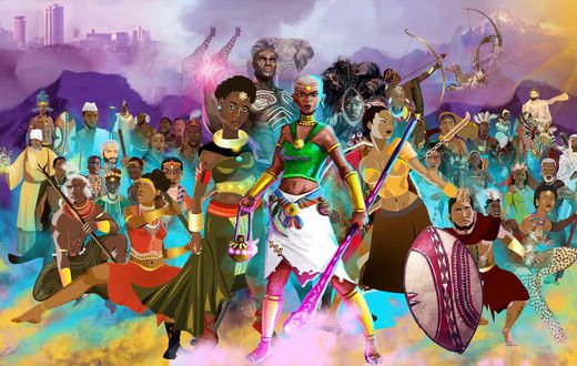 A collage of African cartoon super heroes