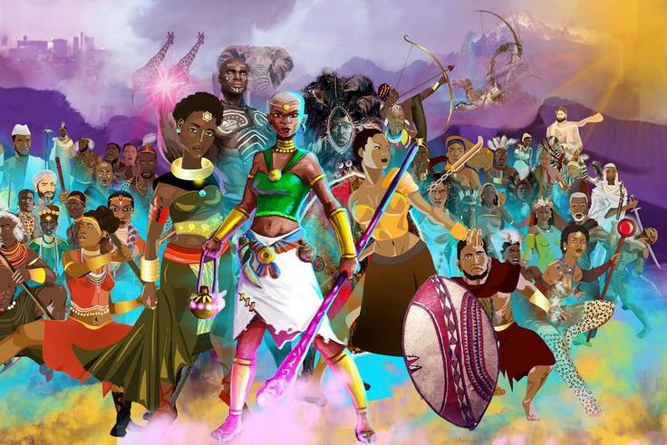 A collage of African cartoon super heroes