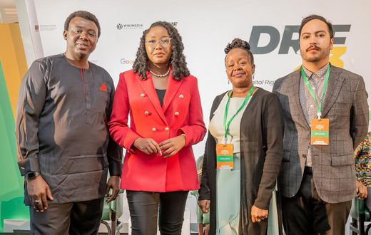 Mr. 'Gbenga Sesan, Namibia Deputy Minister for Information Ms. Emma Inamutila Theofelus, Ms. Grace Githaiga and  Mr. Vladimir Garay at DRIF23 launch.