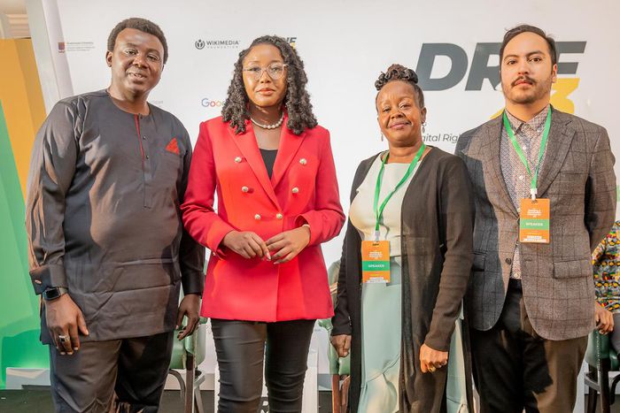 Mr. 'Gbenga Sesan, Namibia Deputy Minister for Information Ms. Emma Inamutila Theofelus, Ms. Grace Githaiga and  Mr. Vladimir Garay at DRIF23 launch.