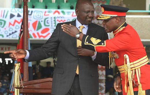 President William Ruto talks to General Robert Kibochi, Chief of the Kenya Defence Forces (KDF) during the official swearing-in ceremony, at the Moi International Sports Center Kasarani in Nairobi, on September 13, 2022.