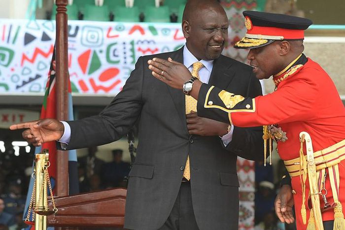 President William Ruto talks to General Robert Kibochi, Chief of the Kenya Defence Forces (KDF) during the official swearing-in ceremony, at the Moi International Sports Center Kasarani in Nairobi, on September 13, 2022.