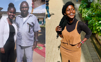 A collage of gospel singer Damaris Kimani and her father who is behind bars