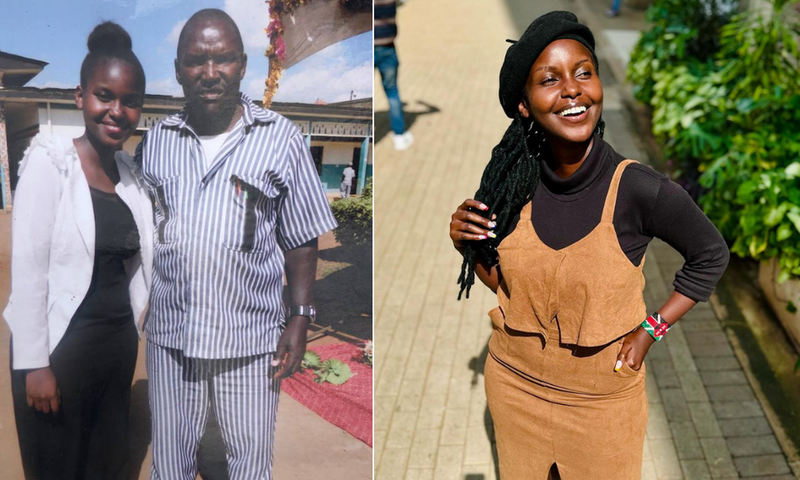 A collage of gospel singer Damaris Kimani and her father who is behind bars