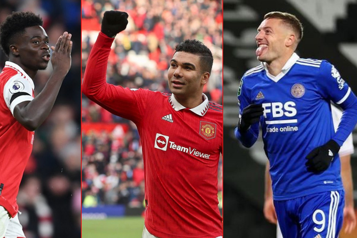 From left: Bukayo Saka, Casemiro and Jamie Vardy