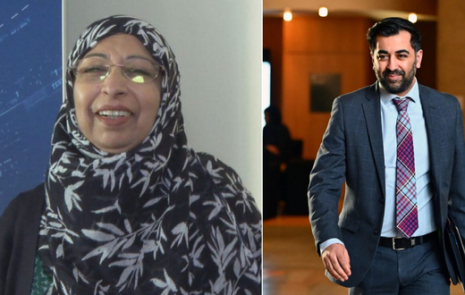 A collage of Humza Yousaf with his mom Shaaista Bhutta