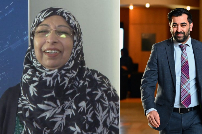 A collage of Humza Yousaf with his mom Shaaista Bhutta