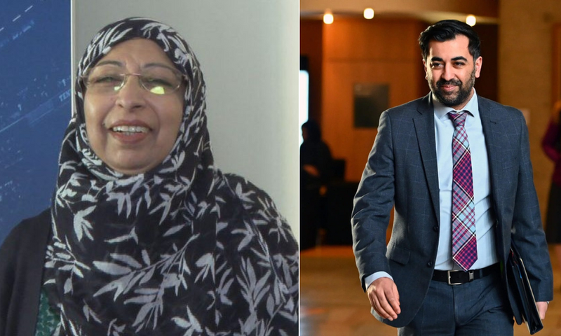 A collage of Humza Yousaf with his mom Shaaista Bhutta