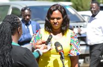 Tabitha Karanja Keroche speaking to reporters during the unveiling of Susan Kihika's 2022 gubernatorial running mate on May 16, 2022