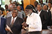 Roots Party leader George Wajackoya and former AG Amos Wako at Catherine Kasavuli's memorial mass