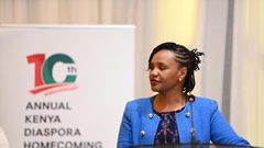 Diaspora Affairs PS Roseline Njogu during the 10th Annual Kenya Diaspora Homecoming Convention 2023 event in Nairobi