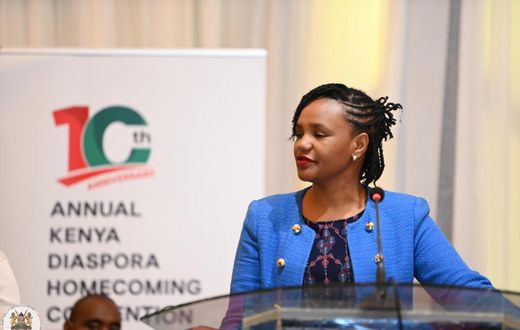 Diaspora Affairs PS Roseline Njogu during the 10th Annual Kenya Diaspora Homecoming Convention 2023 event in Nairobi