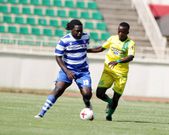 AFC Leopards Eugene Mukangula (left) dribbles against Kakamega Homeboyz Collins Odhiambo during FKF premier league match played on December 29, 2021 at Nyayo National Stadium.