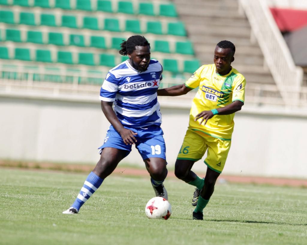 AFC Leopards Eugene Mukangula (left) dribbles against Kakamega Homeboyz Collins Odhiambo during FKF premier league match played on December 29, 2021 at Nyayo National Stadium.