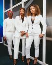 Yasmin Mohammed, Janet Mbugua and Myriam Sidibe in white suits as an act of solidarity with Senator Gloria Orwoba's 'period stain' protest.