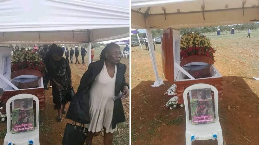 Mourners attend June Jerop's funeral at Kapsosio village, Uasin Gishu County, on April 8, 2023