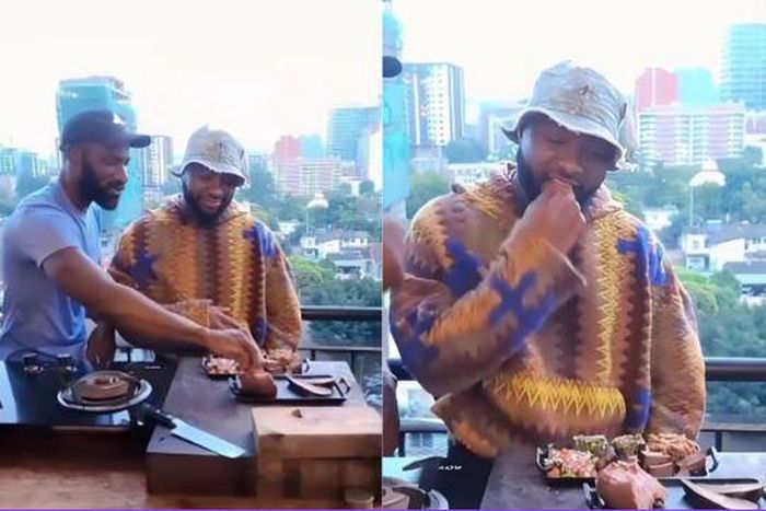 Dennis Ombachi treats Davido who is in Nairobi for Raha Fest 2024 to a sumptuous meal of ugali and omena