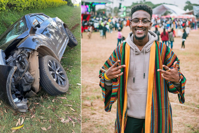 A collage of an accident wreckage and Muchiri Mike