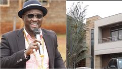 A collage image of Gatanga Member of Parliament, Edward Muriu and a house at Amara Ridge that is at the center of a tussle pitting the lawmaker and CS Florence Chepngetich  Bore