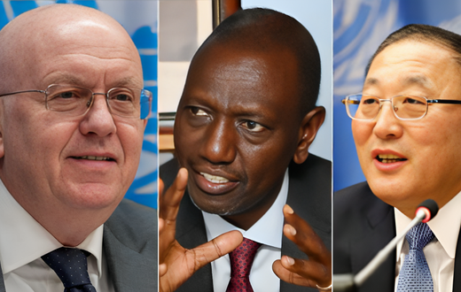 Permanent Representative of Russia to the United Nations Vassily Nebenzia, President William Ruto and Permanent Representative of China to the United Nations Zhang Jun