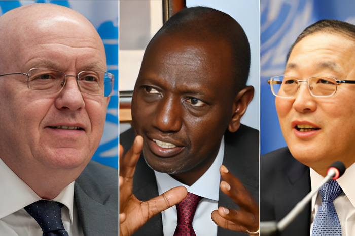 Permanent Representative of Russia to the United Nations Vassily Nebenzia, President William Ruto and Permanent Representative of China to the United Nations Zhang Jun
