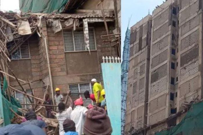 The scene of the building whose scaffolding collapsed, killing four