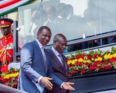 President William Ruto and Deputy President Rigathi Gachagua during the 61st Madaraka Day celebrations at the Masinde Muliro Stadium on June 1, 2024