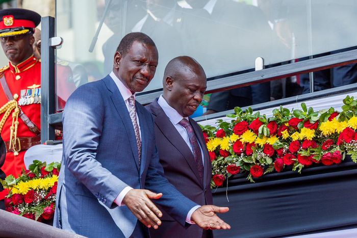 President William Ruto and Deputy President Rigathi Gachagua during the 61st Madaraka Day celebrations at the Masinde Muliro Stadium on June 1, 2024