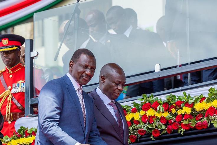 President William Ruto and Deputy President Rigathi Gachagua during the 61st Madaraka Day celebrations at the Masinde Muliro Stadium on June 1, 2024