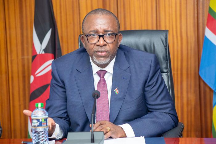 Agriculture CS Mithika Linturi chairs a meeting in his office