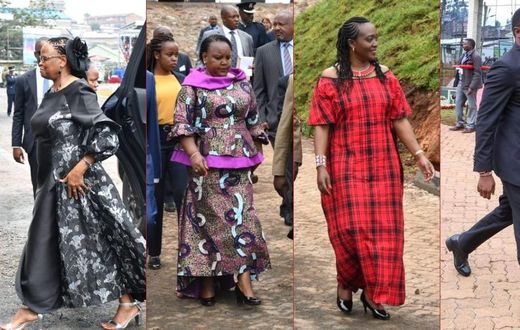 Chief Justice Martha Koome, Labour CS Florence Bore, Environment CS Roselinda Soipan and Sports CS Ababu Namwamba at the Kericho Green Stadium on October 20, 2023 for Mashujaa Day celebrations