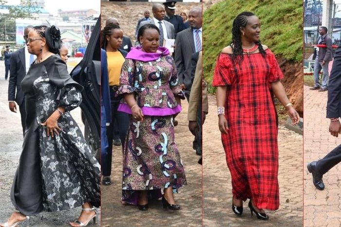 Chief Justice Martha Koome, Labour CS Florence Bore, Environment CS Roselinda Soipan and Sports CS Ababu Namwamba at the Kericho Green Stadium on October 20, 2023 for Mashujaa Day celebrations
