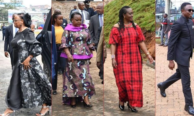 Chief Justice Martha Koome, Labour CS Florence Bore, Environment CS Roselinda Soipan and Sports CS Ababu Namwamba at the Kericho Green Stadium on October 20, 2023 for Mashujaa Day celebrations