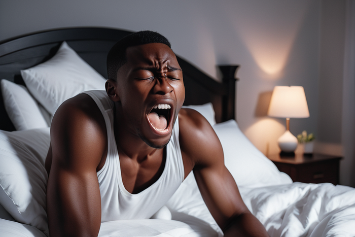 An AI-generated image of a black man stretching after waking up.