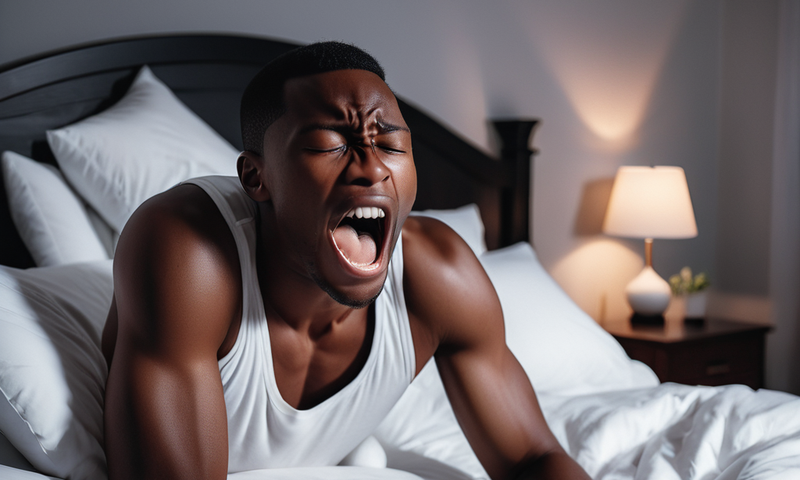 An AI-generated image of a black man stretching after waking up.