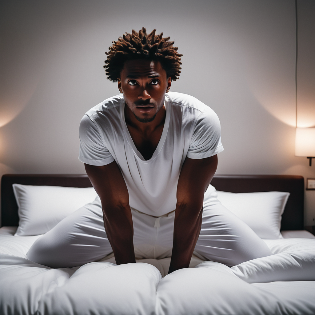 An AI-generated image of a black man stretching after waking up.