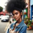 DALL·E 2024-05-08 124843 - An African woman with an Afro Puff hairstyle, showcasing her natural voluminous hair styled into a high puff The hairstyle accentuates the natural te