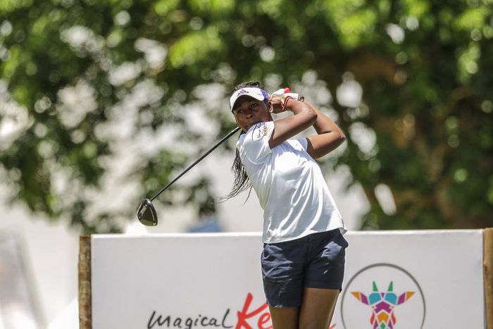 Naomi Wafula tee off from first tee on February 10, 2022 during Magical Kenya Ladies Open Day One at Vipingo Ridge, in Kilifi. Photo/CHRIS OMOLLO Copyright: xGOODWINSx